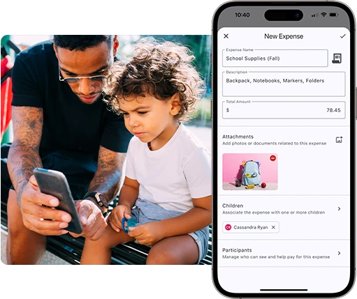 Father sitting with his young son outdoors while reviewing expenses on a smartphone, shown next to the Parent Link expense tracking screen.